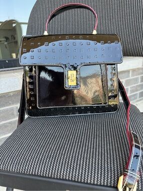 Arcadia Patent Leather Top-Handle Satchel in Black with Red Trim